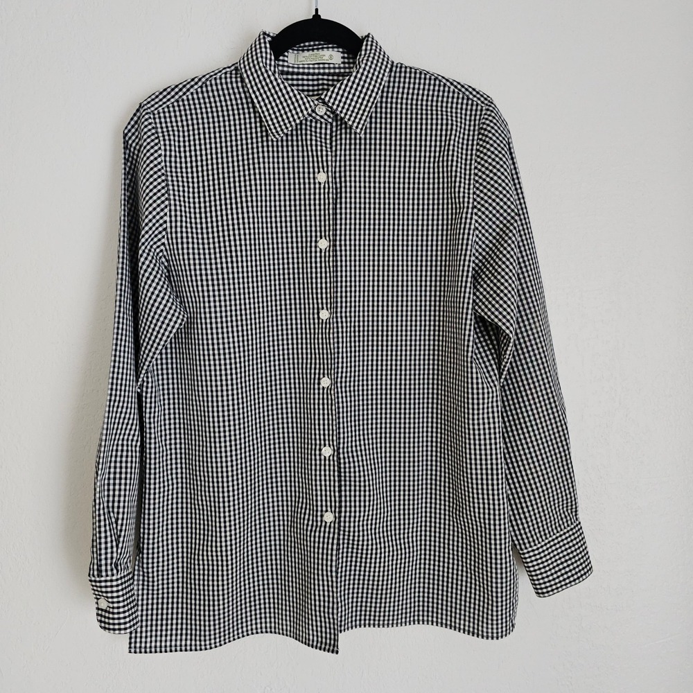 Orvis Womens Gingham Button Down Shirt Black White Long Sleeve Carefree Size 6